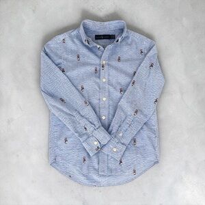 Ralph Lauren Bear Print Button Down Shirt Blue Stripe Preppy Classic Size 12